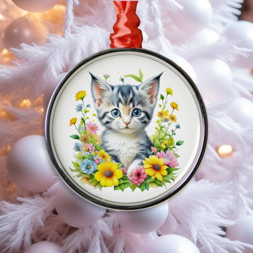 Watercolor Kitten Flowers Christmas Metal Ornament