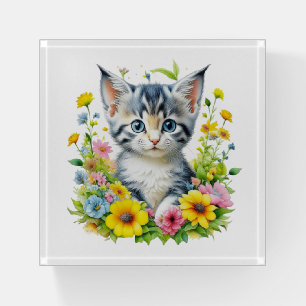 Watercolor Kitten Flowers Christmas Paperweight