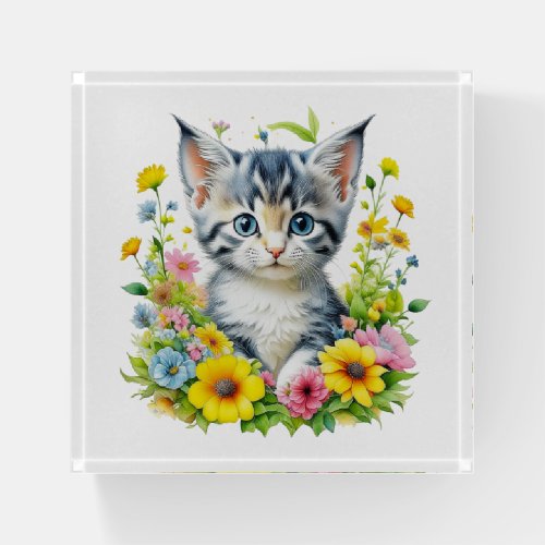Watercolor Kitten Flowers Christmas Paperweight