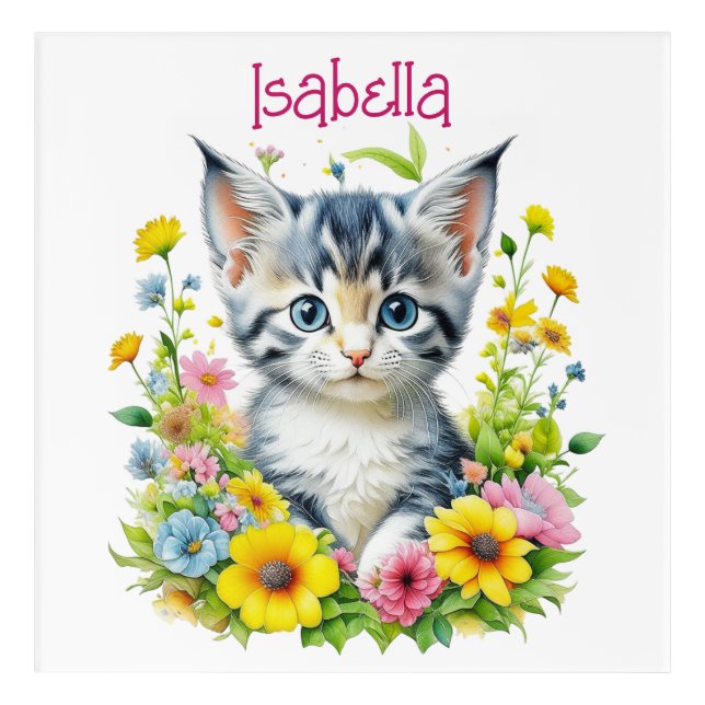 Watercolor Kitten Flowers Personalized Acrylic Print (Front)