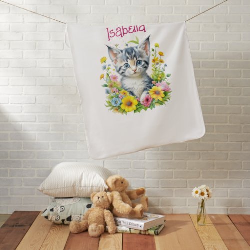 Watercolor Kitten Flowers Personalized Baby Blanket