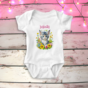 Watercolor Kitten Flowers Personalized Baby Bodysuit