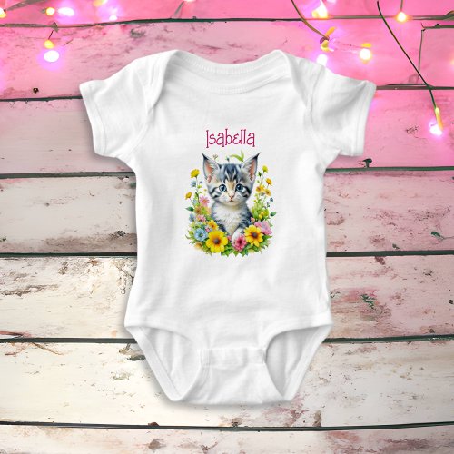 Watercolor Kitten Flowers Personalized Baby Bodysuit