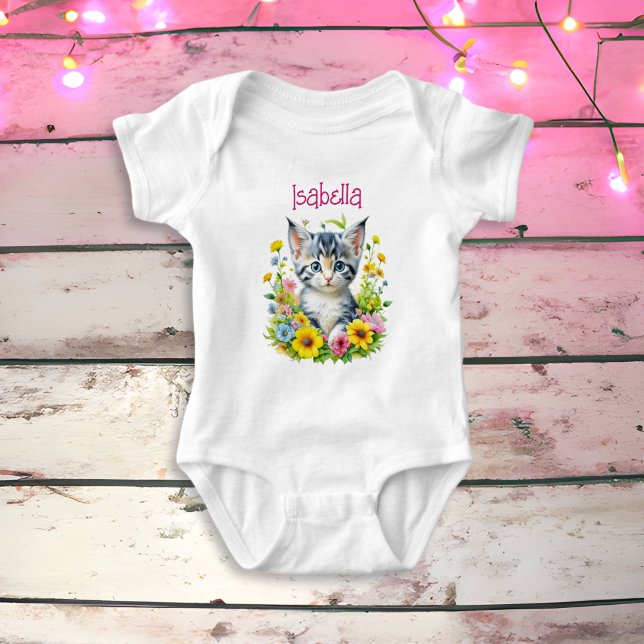 Watercolor Kitten Flowers Personalized Baby Bodysuit (Creator Uploaded)