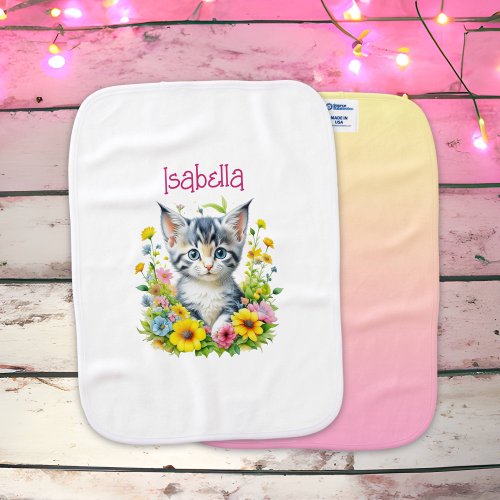 Watercolor Kitten Flowers Personalized Baby Burp Cloth