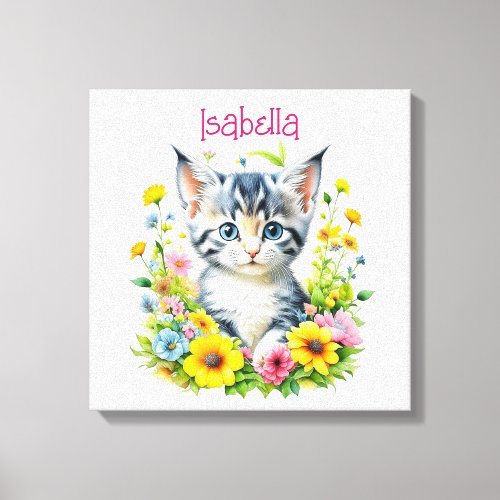 Watercolor Kitten Flowers Personalized Canvas Print