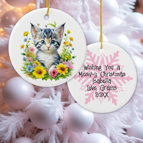 Watercolor Kitten Flowers Personalized Christmas Ceramic Ornament