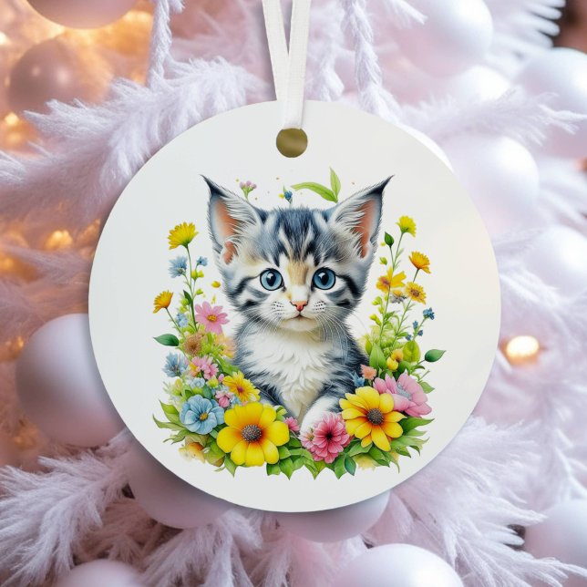 Watercolor Kitten Flowers Personalized Christmas Metal Ornament (Creator Uploaded)