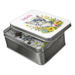 Watercolor Kitten Flowers Personalized Jigsaw Puzzle