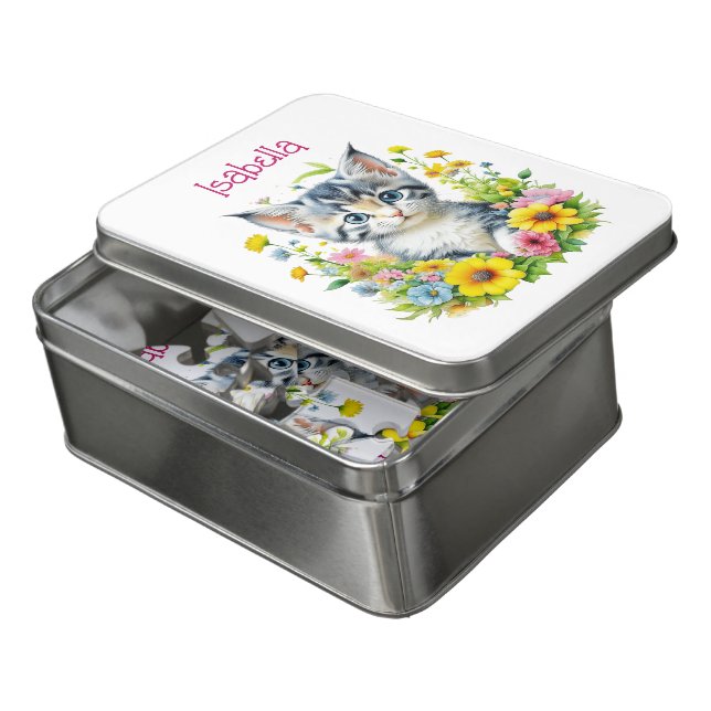 Watercolor Kitten Flowers Personalized Jigsaw Puzzle (Lid Open)