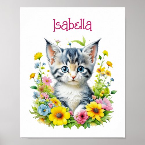 Watercolor Kitten Flowers Personalized Poster