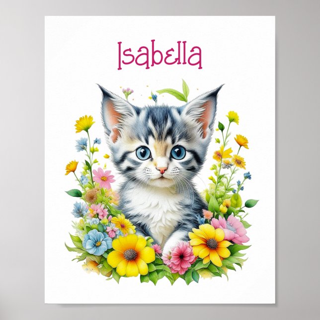 Watercolor Kitten Flowers Personalized Poster (Front)