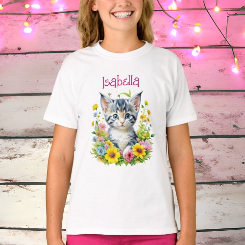 Watercolor Kitten Flowers Personalized T_Shirt