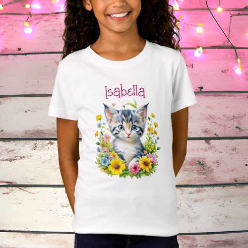 Watercolor Kitten Flowers Personalized T_Shirt