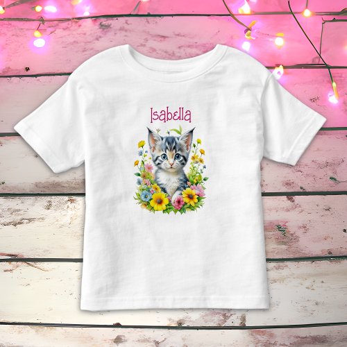 Watercolor Kitten Flowers Personalized Toddler T_shirt