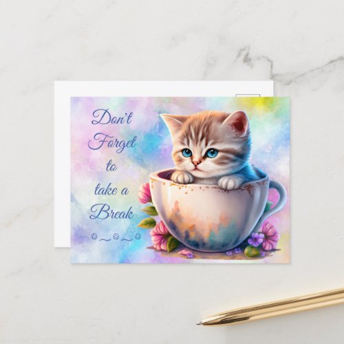 Watercolor Kitten in a teacup colorful Cat Postcard