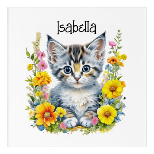 Watercolor Kitten in Flowers Personalized Acrylic Print