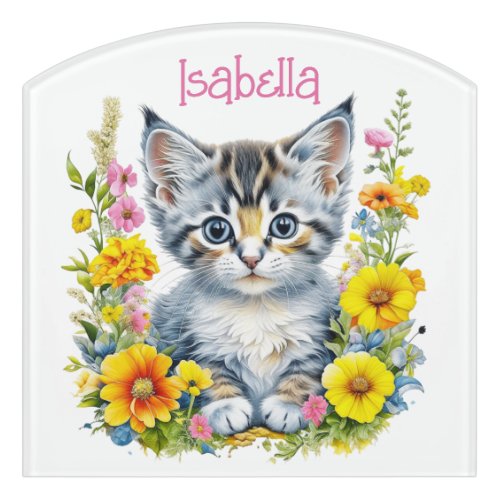 Watercolor Kitten in Flowers Personalized Door Sign