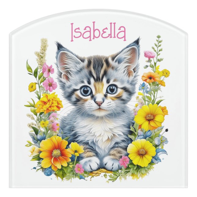 Watercolor Kitten in Flowers Personalized Door Sign (Contour Front)
