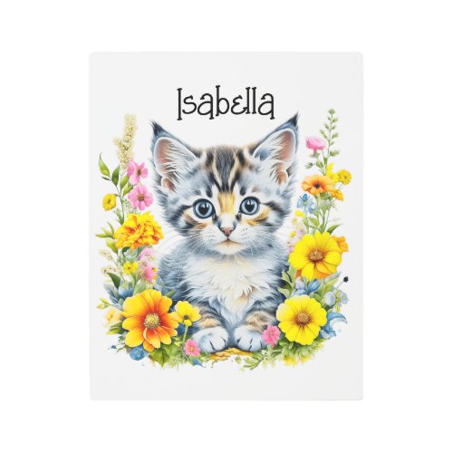 Watercolor Kitten in Flowers Personalized Metal Print