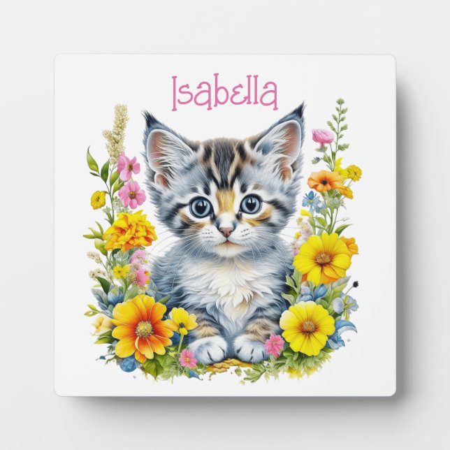 Watercolor Kitten in Flowers Personalized Plaque (Front)