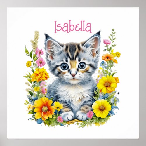 Watercolor Kitten in Flowers Personalized Poster