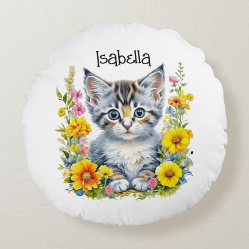 Watercolor Kitten in Flowers Personalized Round Pillow