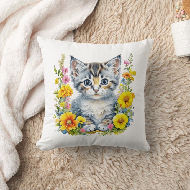 Watercolor Kitten in Pink and Yellow Flowers  Throw Pillow (Blanket)