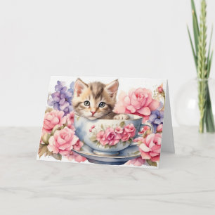 Watercolor Kitten in Teacup with Flowers  Card