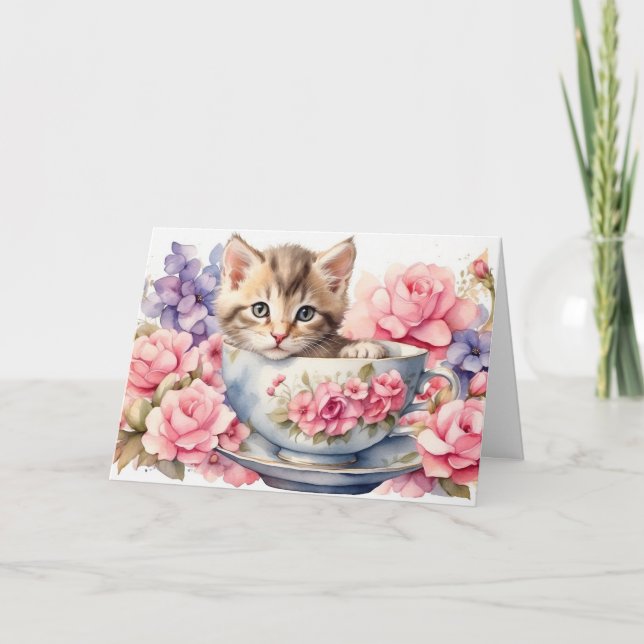 Watercolor Kitten in Teacup with Flowers  Card (Front)