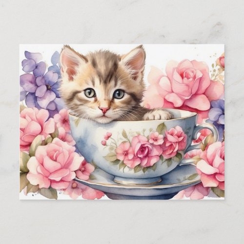 Watercolor Kitten in Teacup with Flowers  Postcard