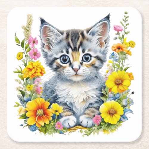 Watercolor Kitten in Yellow and Pink Flowers  Square Paper Coaster