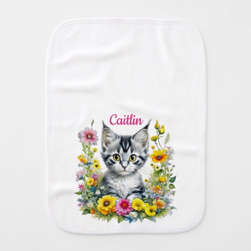 Watercolor Kitten in Yellow Flowers Personalized  Baby Burp Cloth