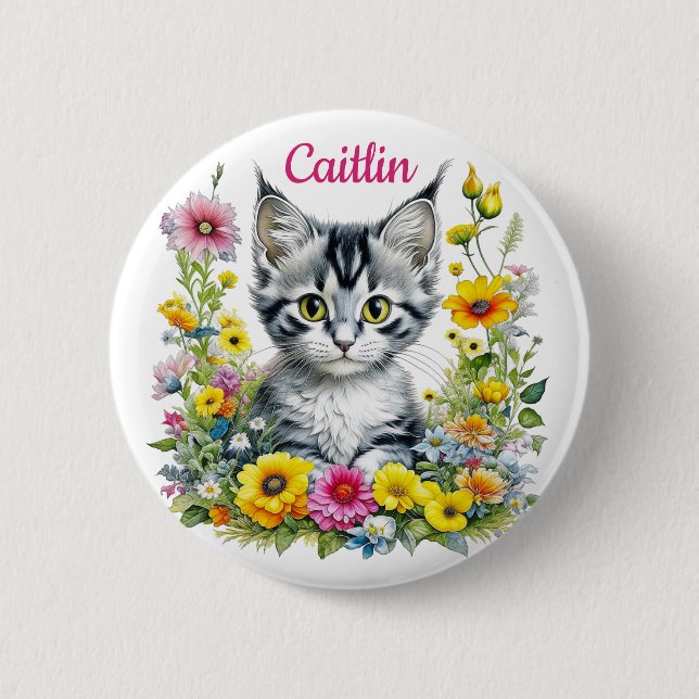 Watercolor Kitten in Yellow Flowers Personalized  Button (Front)