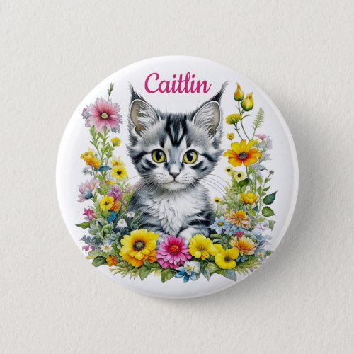 Watercolor Kitten in Yellow Flowers Personalized  Button