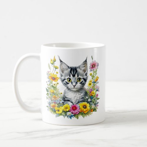 Watercolor Kitten in Yellow Flowers Personalized  Coffee Mug