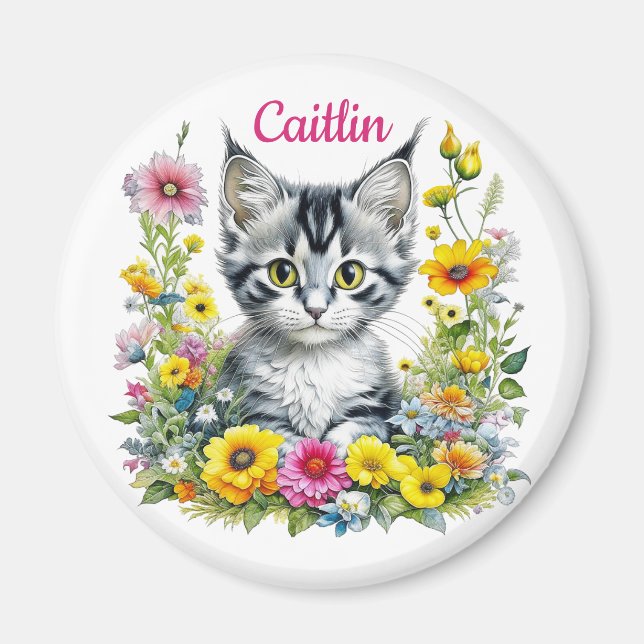 Watercolor Kitten in Yellow Flowers Personalized  Magnet (Front)