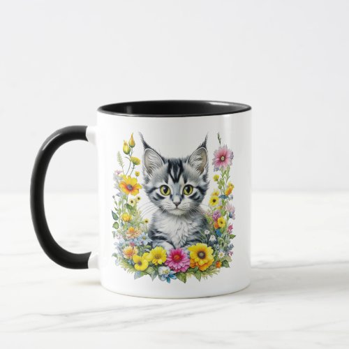 Watercolor Kitten in Yellow Flowers Personalized  Mug