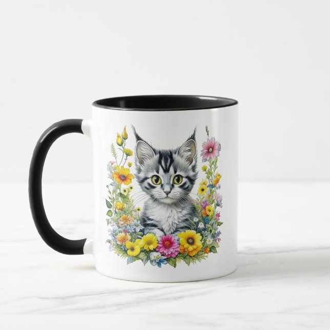 Watercolor Kitten in Yellow Flowers Personalized  Mug (Left)