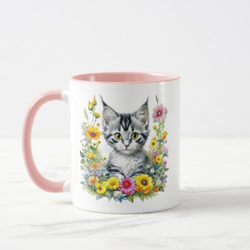 Watercolor Kitten in Yellow Flowers Personalized  Mug