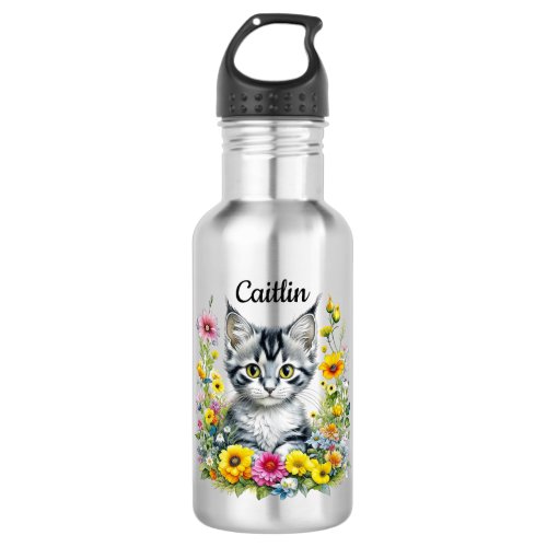Watercolor Kitten in Yellow Flowers Personalized  Stainless Steel Water Bottle