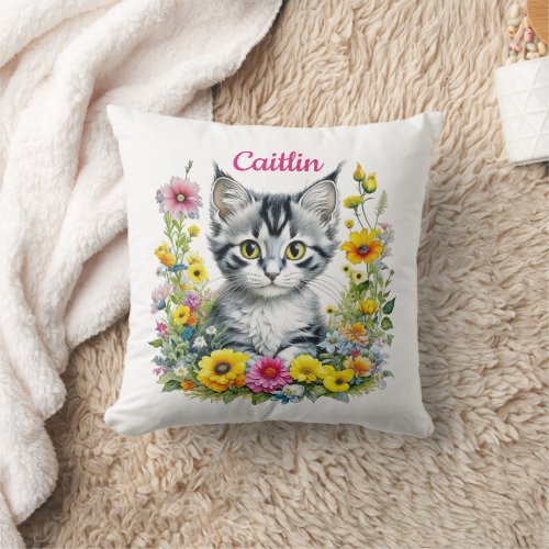 Watercolor Kitten in Yellow Flowers Personalized  Throw Pillow