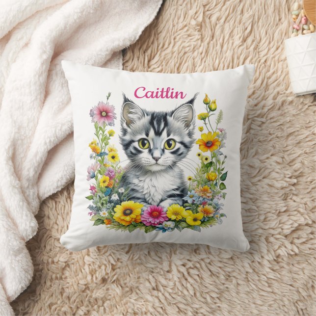 Watercolor Kitten in Yellow Flowers Personalized  Throw Pillow (Blanket)