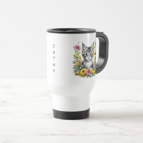 Watercolor Kitten in Yellow Flowers Personalized  Travel Mug