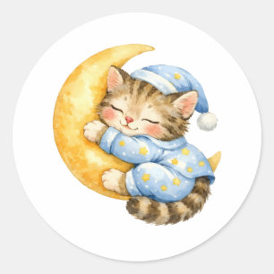 Watercolor Kitten Sleeping on the Crescent Moon Classic Round Sticker
