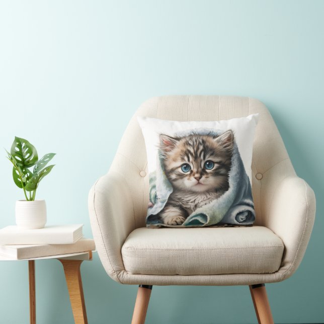 Watercolor Kitten Under Blanket Throw Pillow (Chair)