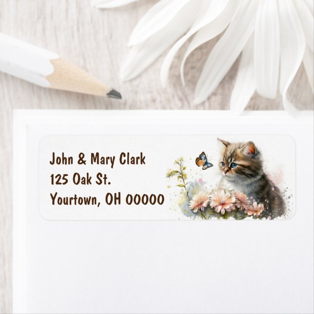 Watercolor Kitten With Butterfly Label (Insitu)