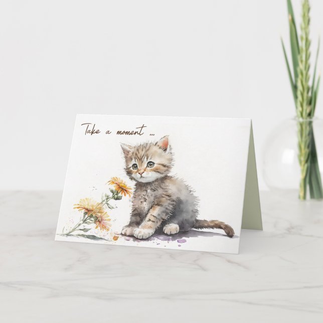 Watercolor Kitten With Daisy Card (Front)
