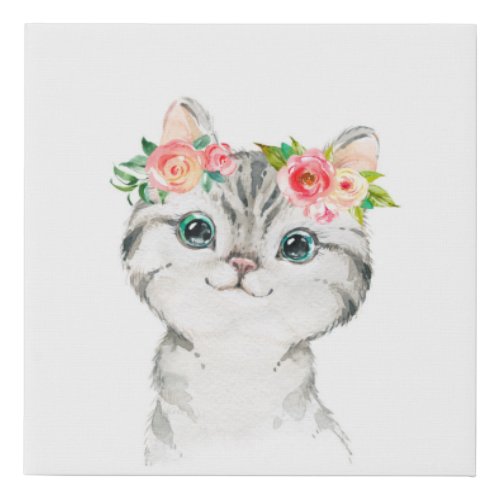 Watercolor Kitten with Flowers Faux Canvas Print