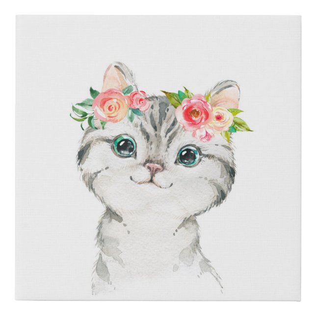 Watercolor Kitten with Flowers Faux Canvas Print (Front)